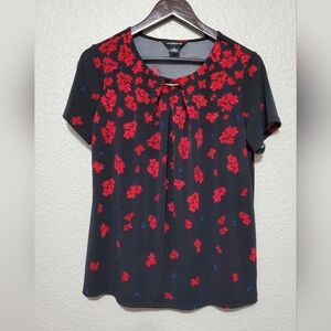 Liz Claiborne Career Black Short Sleeve Top with Red Flowers Women's Size Medium